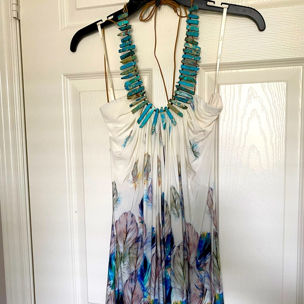 Sky halter top with turquoise neckline